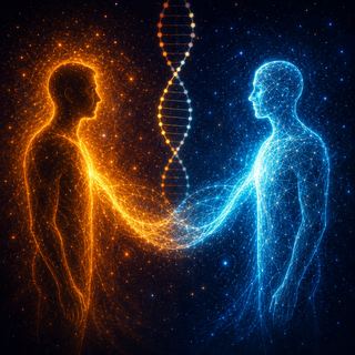 Two luminous figures connected by a DNA helix, symbolizing the union of science and spirituality