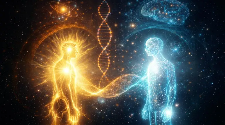 Cosmic illustration with two human silhouettes connected by a luminous DNA helix, representing the integration of spirituality and science